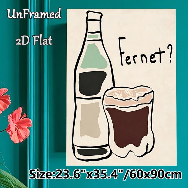 Fernet Themed Painting Poster, Minimalist Hand-drawn Wine Bottle & Iced Glass Poster, Stylish Beverage-themed Decor Ideal For Home Bar, Kitchen Or_maomaolike.com