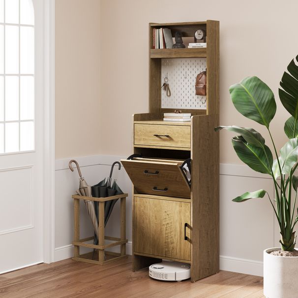 5-in-1 Shoe Cabinet With Flip Drawer, Entryway Shoe Storage With Pegboard, Adjustable Shelf, Wood Entryway Cabinet, Brown_maomaolike.com