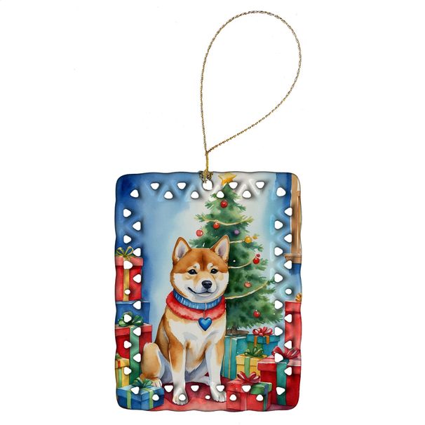 Shiba Inu Christmas Reindeer Porcelain Ornament Christmas Tree Hanging Decorations For Home Christmas Holiday, Rectangle, Gift, Multicolor_maomaolike.com