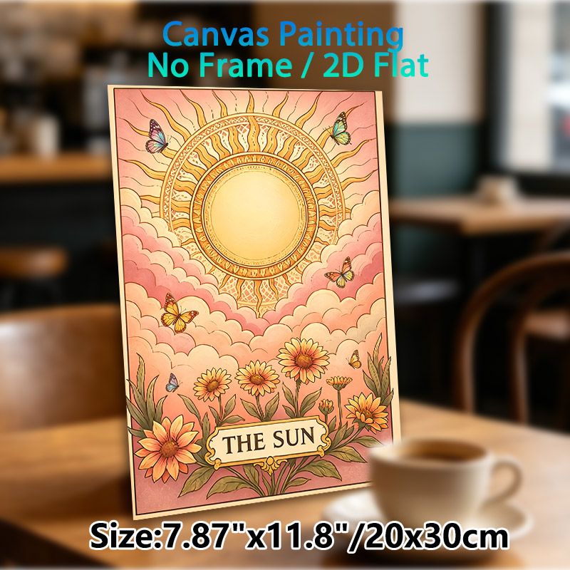 The Sun Tarot Themed Painting Poster, Soft Pastel Vintage Style Poster, Warm Whimsical Design Featuring Sun, Flowers And Butterflies, Ideal For_maomaolike.com