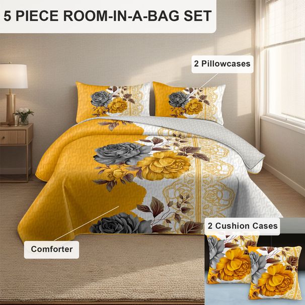 5 Piece Soft All-Season Washed Microfiber And Viscose Comforter Set , With Comforter, Sheet, Pillowcases & Shams, Print, Flowerd, Moisture-Wicking, Silky Soft Texture, Cooling, Breathable, Easy Care_maomaolike.com