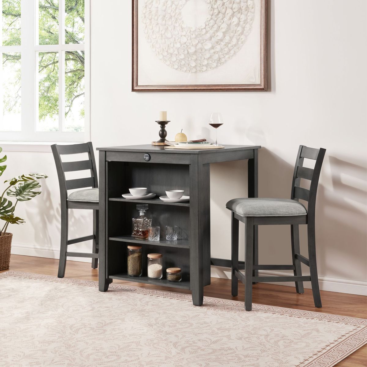 30" Modern Dining Table Set For 2 With Charging Station & 3-Tier Adjustable Storage | Space-Saving Kitchen Set With Upholstered Chairs For Small Spaces, Apartment,Gray_maomaolike.com