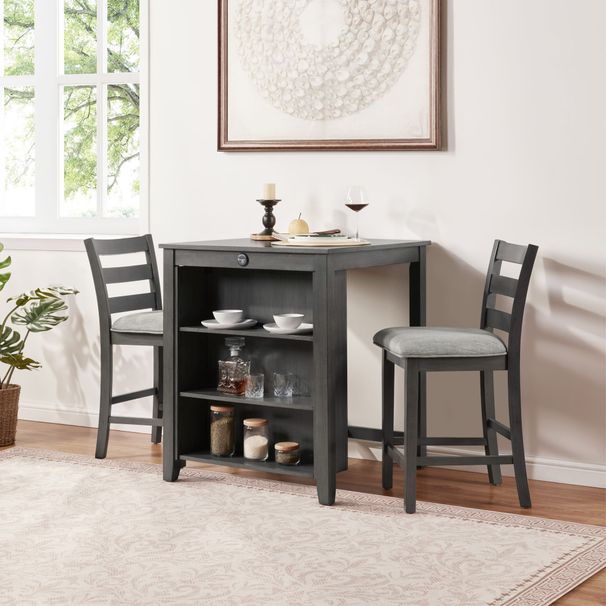 30" Modern Dining Table Set For 2 With Charging Station & 3-Tier Adjustable Storage | Space-Saving Kitchen Set With Upholstered Chairs For Small Spaces, Apartment,Gray_maomaolike.com