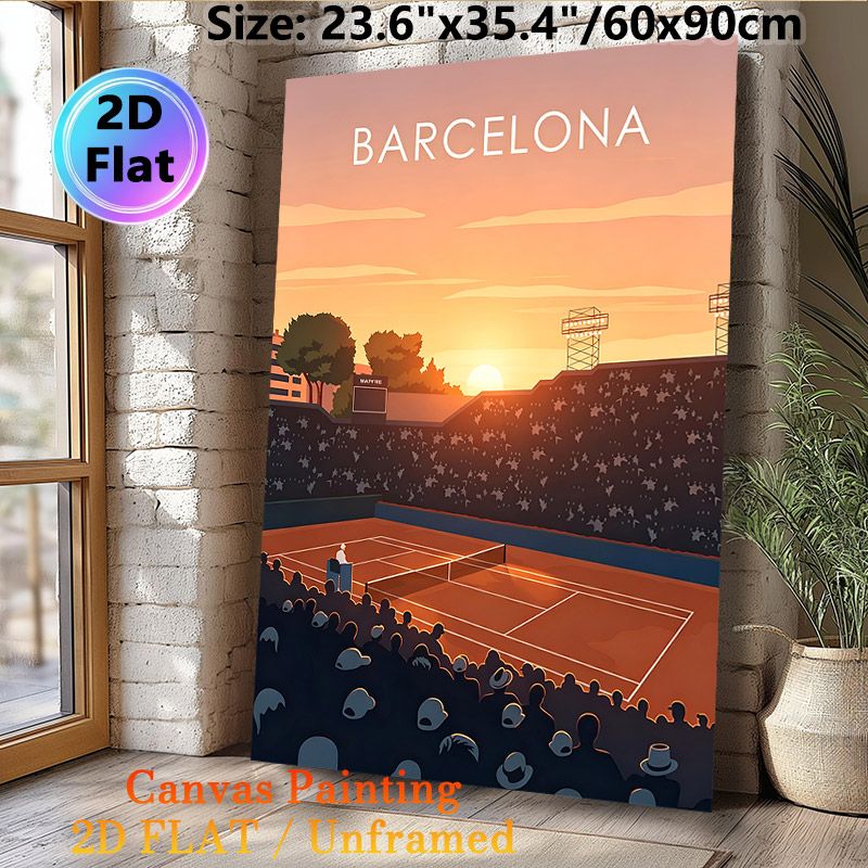 Barcelona Tennis Stadium Painting Poster, Warm-toned Minimalist Sunset Tennis Arena Poster, Atmospheric Sports Venue Decor Ideal For Living Room_maomaolike.com