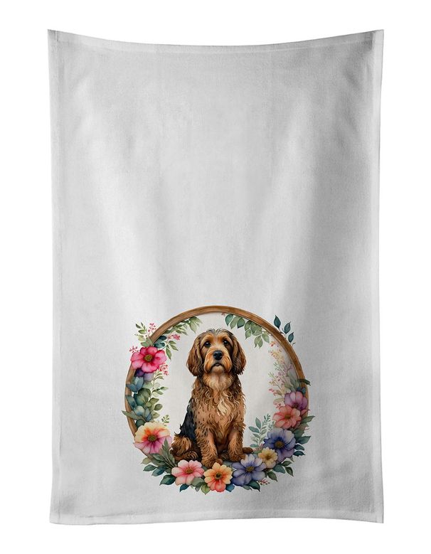 Otterhound And Flowers Kitchen Towel Set Of 2 White Dish Towels Decorative Bathroom Hand Towel For Hand, Face, Hair, Yoga, Tea, Dishcloth, 19 X 28", White_maomaolike.com