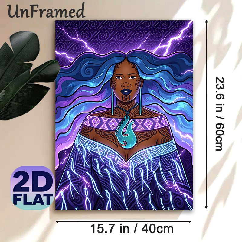 Mystical Tribal Goddess Painting Poster, Vibrant Neon-style Illustrated Poster, Eye-catching Mystical Design With Blue-purple Wavy Hair, Tribal_maomaolike.com
