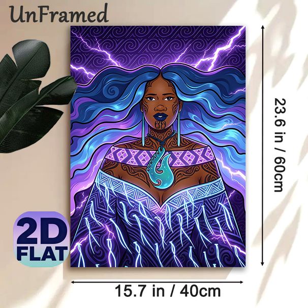 Mystical Tribal Goddess Painting Poster, Vibrant Neon-style Illustrated Poster, Eye-catching Mystical Design With Blue-purple Wavy Hair, Tribal_maomaolike.com