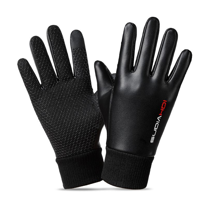 Winter leather warm gloves plus velvet men's non slip open finger windproof water proof touch screen photography cold proof flip gloves_maomaolike.com