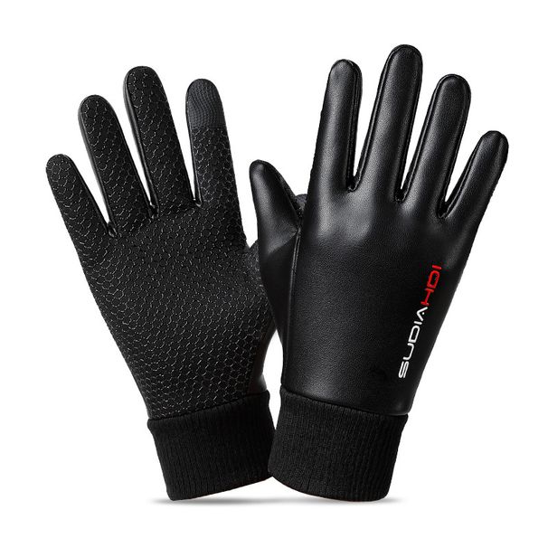 Winter leather warm gloves plus velvet men's non slip open finger windproof water proof touch screen photography cold proof flip gloves_maomaolike.com