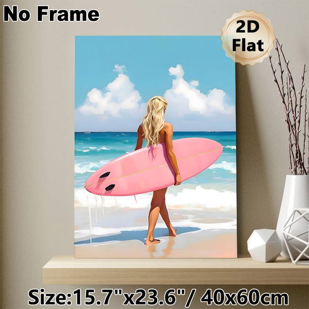 Surfer Girl Beach Painting Poster, Vibrant Artistic Coastal Scene Poster, Fresh Summery Vibe Ideal For Bedroom, Living Room & Beach House_maomaolike.com