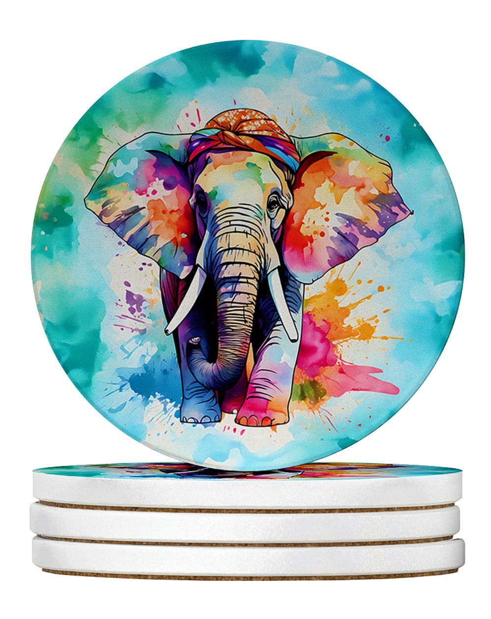 Hippie Animal Elephant Large Sandstone Coasters Pack Of 4 Absorbent Round Coasters Decor Gifts For Men Or Women, 4 In, Multicolor_maomaolike.com