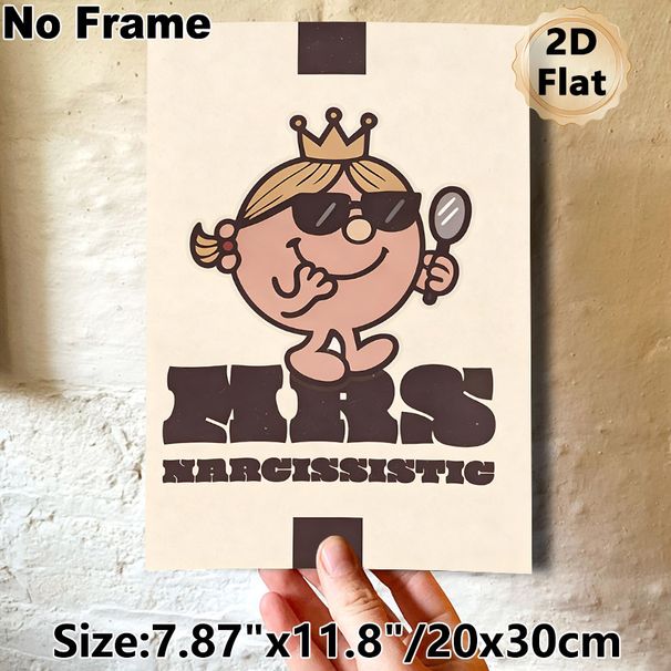 Narcissistic Themed Cartoon Painting Poster, Vintage Retro Cute Character With Crown & Mirror Poster, Playful Humorous Decor For Bedroom, Living Room_maomaolike.com