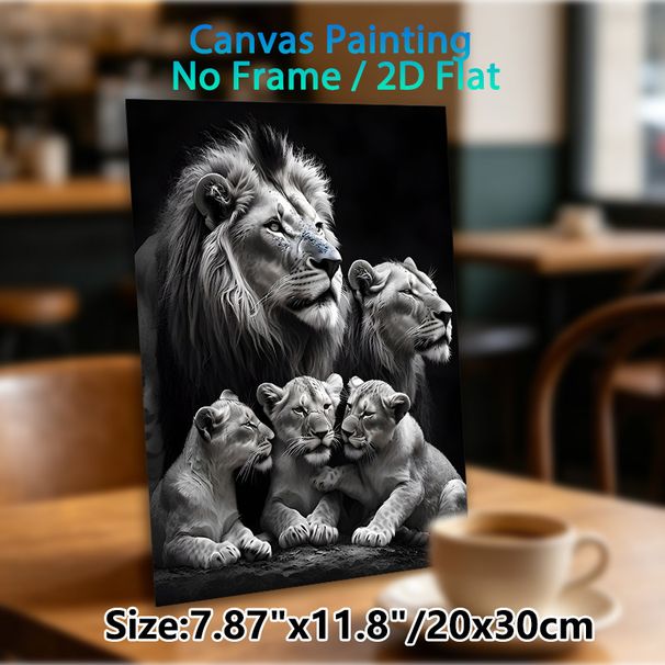 Lion Family Painting Poster, Monochrome Realistic Lion Group Portrait Poster, Warm Wild-themed Decor Ideal For Living Room, Office_maomaolike.com
