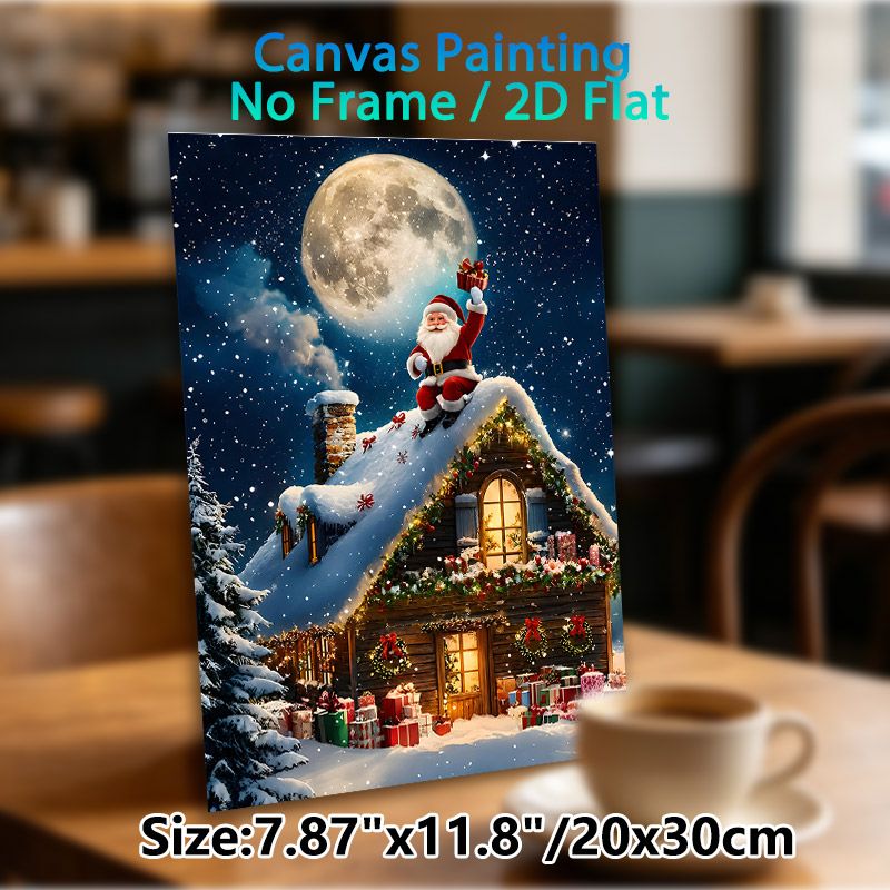 Christmas Santa Themed Painting Poster, Warm Festive Snowy Cottage Night Scene Poster, Cozy Holiday Design Ideal For Living Room, Seasonal Home_maomaolike.com