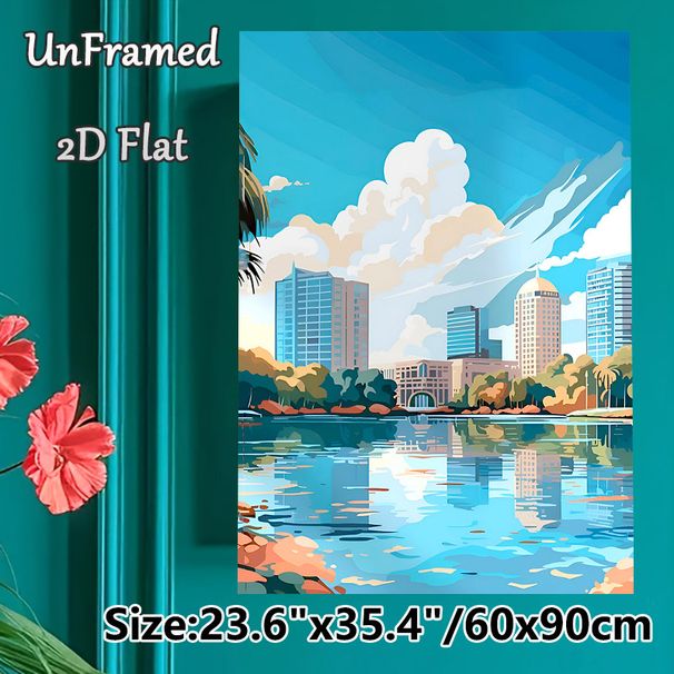 Waterfront City Skyline Painting Poster, Vibrant Flat-style Urban Scene Poster, Peaceful Lakeside City View With Clear Reflections, Suitable For Home_maomaolike.com
