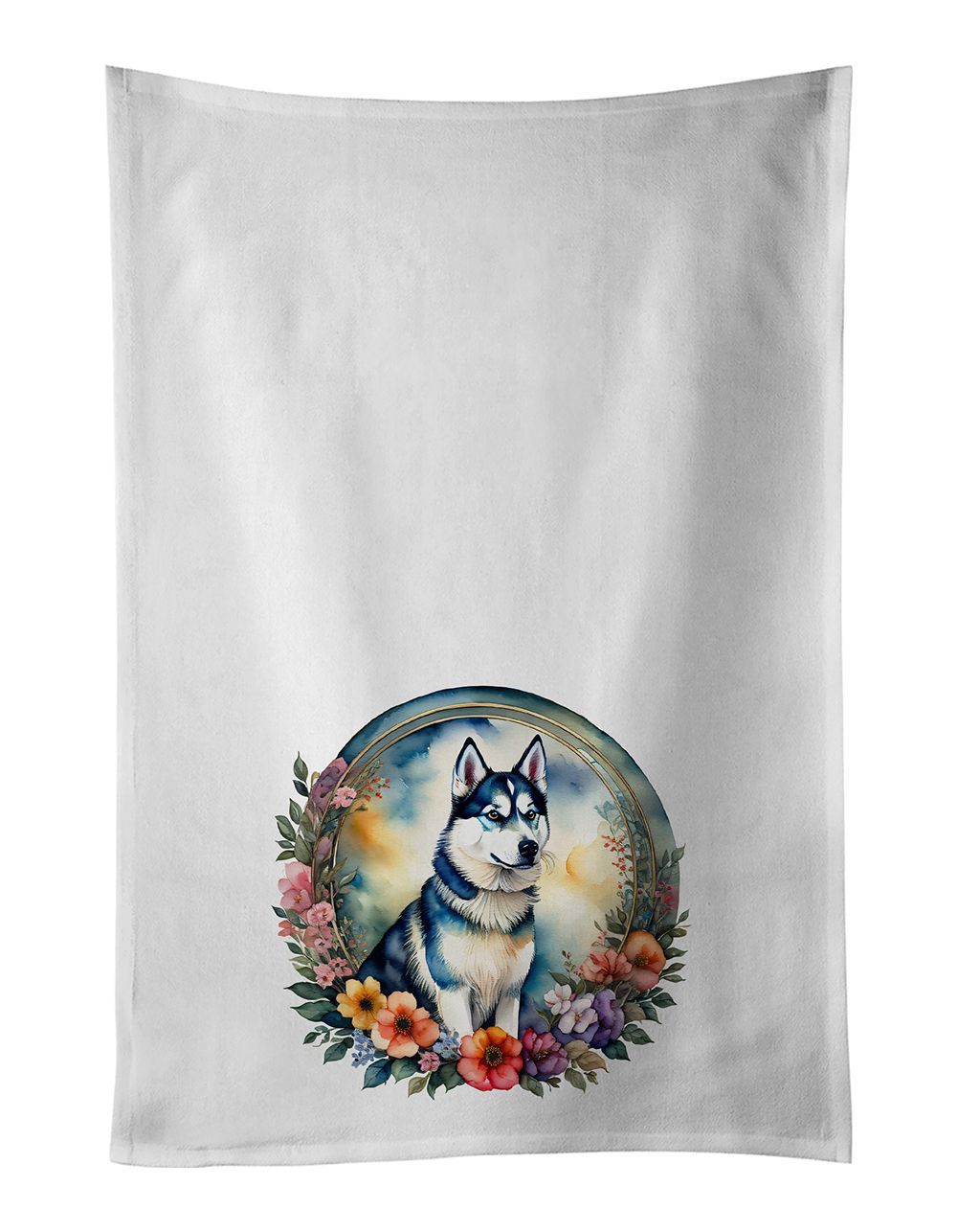 Siberian Husky And Flowers Kitchen Towel Set Of 2 White Dish Towels Decorative Bathroom Hand Towel For Hand, Face, Hair, Yoga, Tea, Dishcloth, 19 X 28", White_maomaolike.com