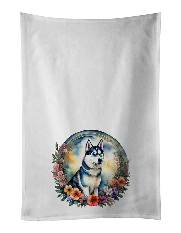 Siberian Husky And Flowers Kitchen Towel Set Of 2 White Dish Towels Decorative Bathroom Hand Towel For Hand, Face, Hair, Yoga, Tea, Dishcloth, 19 X 28", White_maomaolike.com