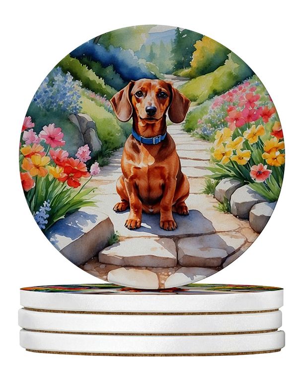 Dachshund Spring Path Large Sandstone Coasters Pack Of 4 Absorbent Round Coasters Decor Gifts For Men Or Women, 4 In, Multicolor_maomaolike.com