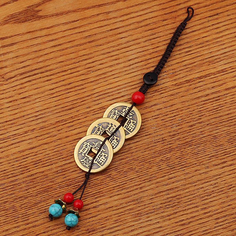 Qian Dao Jia Three Emperors Copper Coin Green Bead Braided Rope Portable Bag Pendant Car Keychain Accessories_maomaolike.com