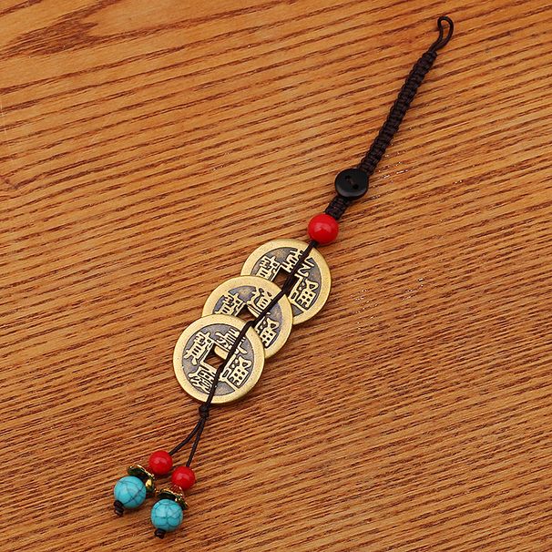Qian Dao Jia Three Emperors Copper Coin Green Bead Braided Rope Portable Bag Pendant Car Keychain Accessories_maomaolike.com
