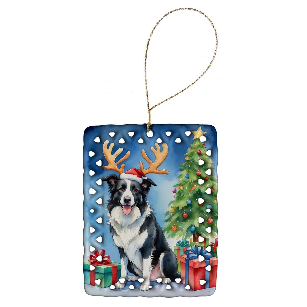 Border Collie Christmas Reindeer Porcelain Ornament Christmas Tree Hanging Decorations For Home Christmas Holiday, Rectangle, Gift, Multicolor_maomaolike.com