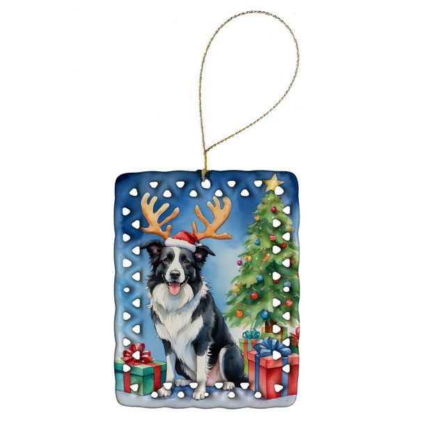 Border Collie Christmas Reindeer Porcelain Ornament Christmas Tree Hanging Decorations For Home Christmas Holiday, Rectangle, Gift, Multicolor_maomaolike.com