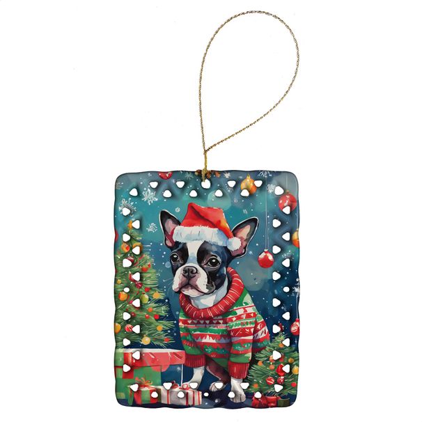 Boston Terrier Christmas Porcelain Ornament Christmas Tree Hanging Decorations For Home Christmas Holiday, Rectangle, Gift, Multicolor_maomaolike.com