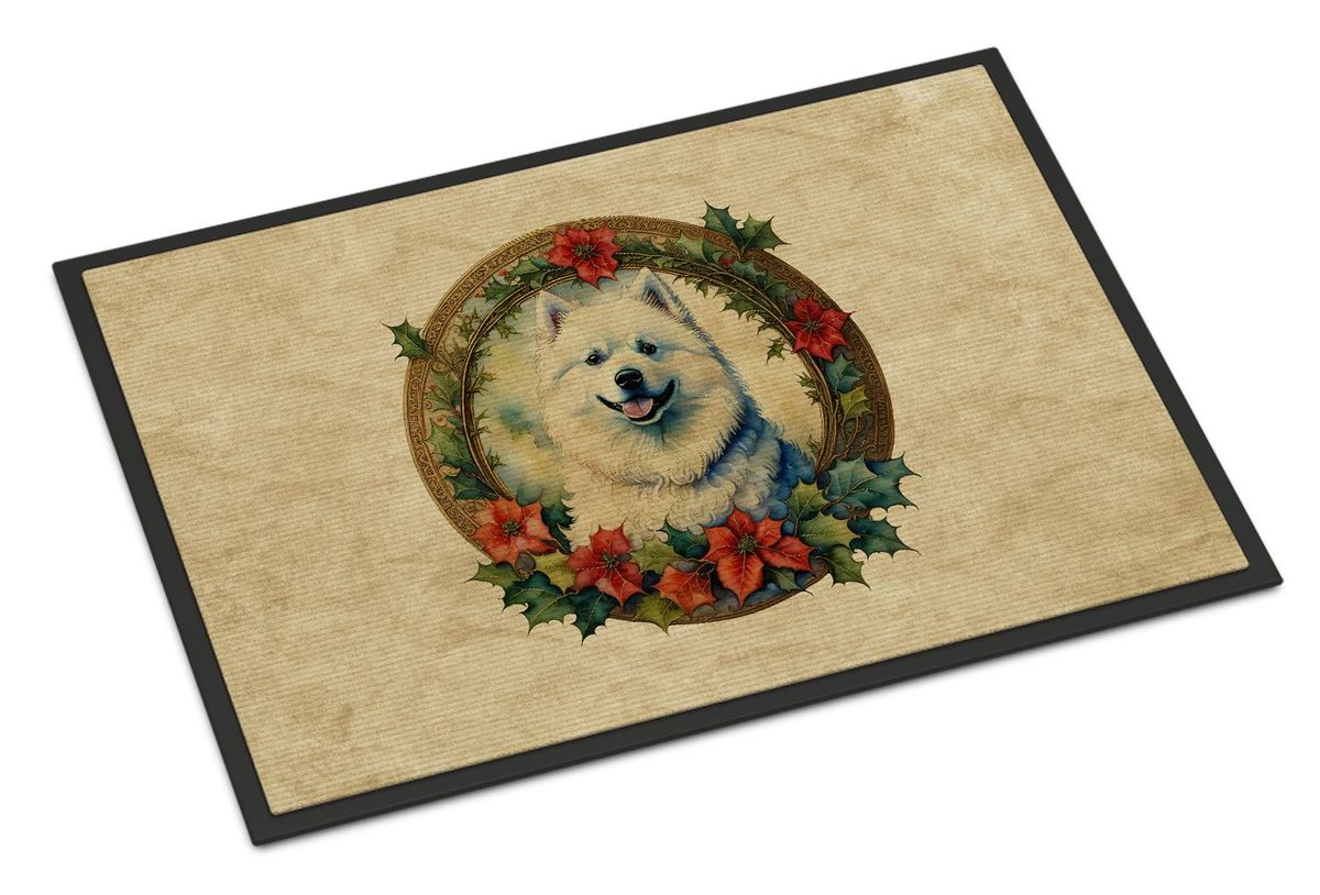 Samoyed Christmas Flowers Doormat Front Door Mat Indoor Outdoor Rugs For Entryway, Non Slip Washable Low Pile, 24H X 36W_maomaolike.com