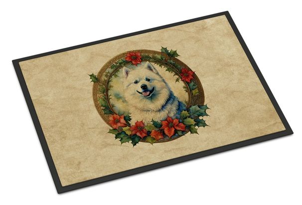 Samoyed Christmas Flowers Doormat Front Door Mat Indoor Outdoor Rugs For Entryway, Non Slip Washable Low Pile, 24H X 36W_maomaolike.com