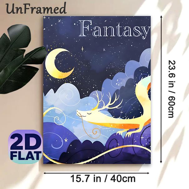 Fantasy Dragon Painting Poster, Soft-toned Whimsical Celestial Scene Poster, Dreamy Night Sky Design To Bring Tranquil Vibe For Bedroom, Living Room_maomaolike.com
