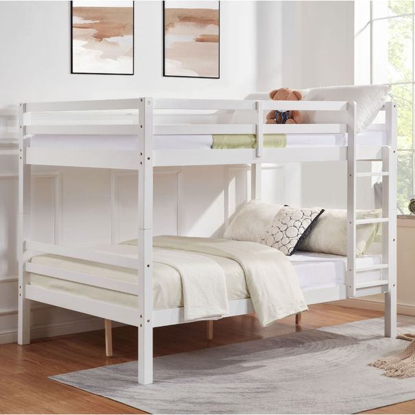 Full Over Full Bunk Bed With Thick Posts,Wooden Bunk Bed With High Guardrail And Ladder For Kids, Teens, Dorm Rooms, And Guest Rooms,No Box Spring Needed,White_maomaolike.com