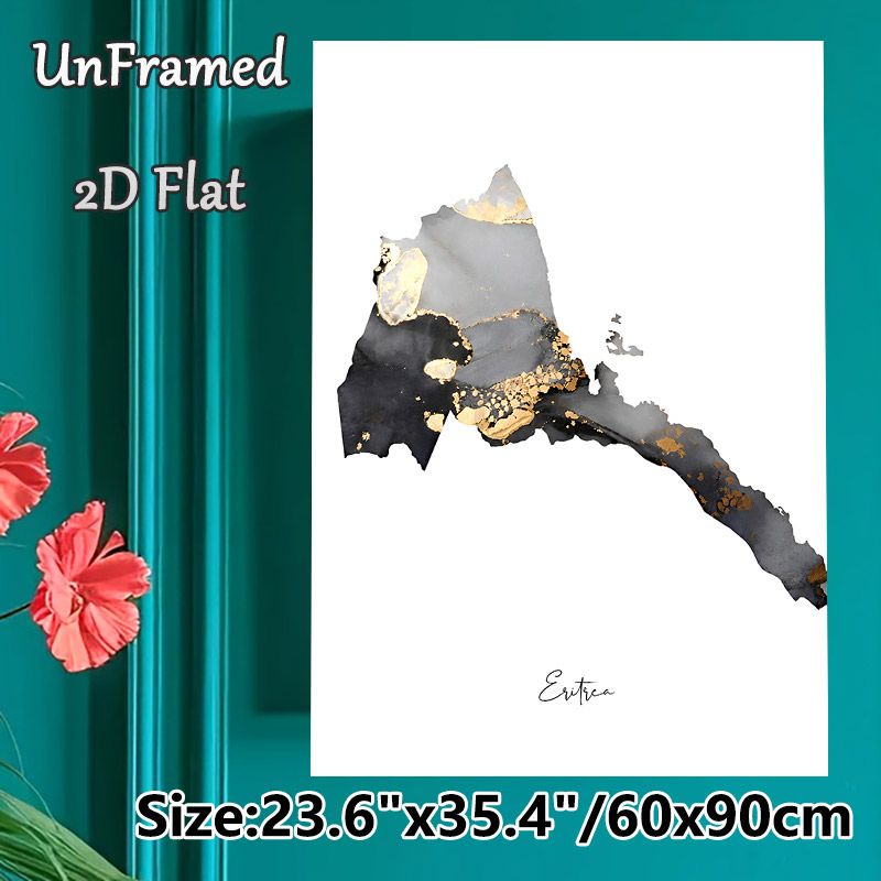 Eritrea Map Painting Poster, Luxury Gray & Gold Ink-wash Eritrea Map Poster, Elegant Artistic Decor Ideal For Home Office, Living Room_maomaolike.com