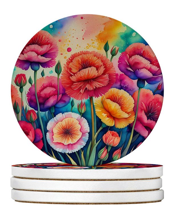 Colorful Carnations Large Sandstone Coasters Pack Of 4 Absorbent Round Coasters Decor Gifts For Men Or Women, 4 In, Multicolor_maomaolike.com