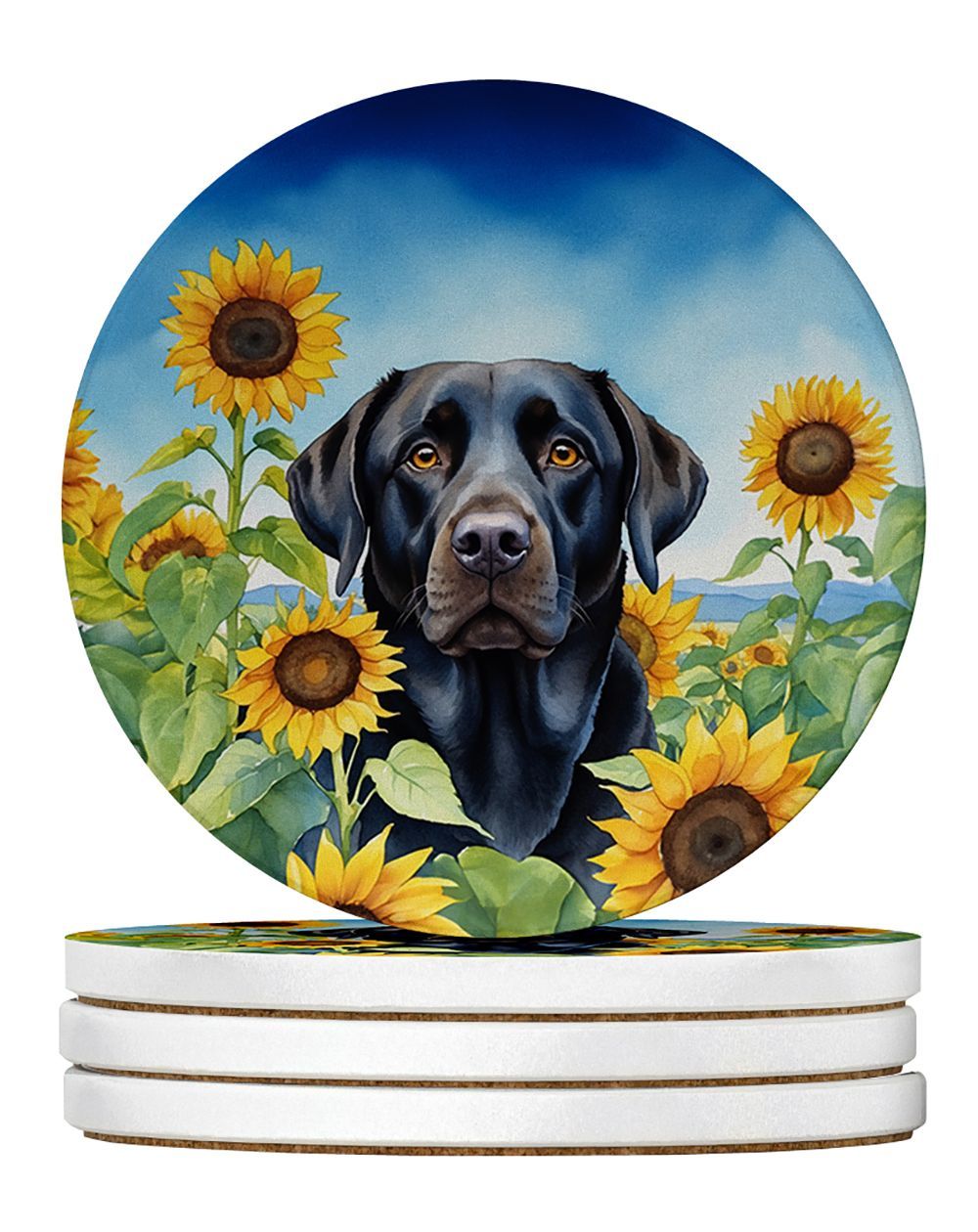 Labrador Retriever In Sunflowers Large Sandstone Coasters Pack Of 4 Absorbent Round Coasters Decor Gifts For Men Or Women, 4 In, Multicolor_maomaolike.com
