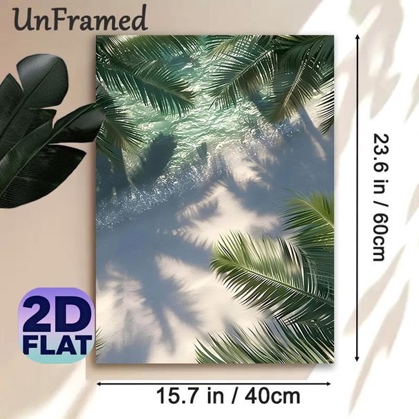 Tropical Palm & Water Scene Painting Poster, Soft-hued Tranquil Coastal View Poster, Delivers Serene Natural Ambiance, Suitable For Living Room_maomaolike.com