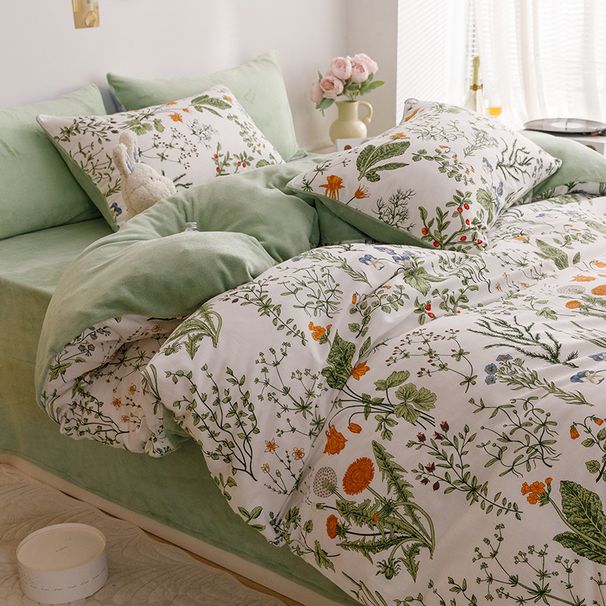Wholesale INS Pastoral Style Four-Piece Set A Full Pure Cotton B Side Crystal Velvet Coral Fleece Autumn Winter Bedding_maomaolike.com