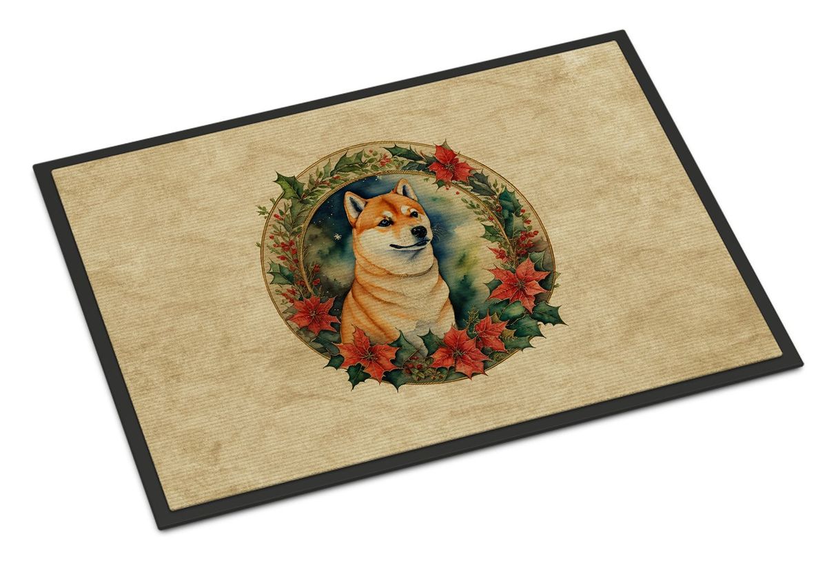 Shiba Inu Christmas Flowers Doormat Front Door Mat Indoor Outdoor Rugs For Entryway, Non Slip Washable Low Pile, 24H X 36W_maomaolike.com