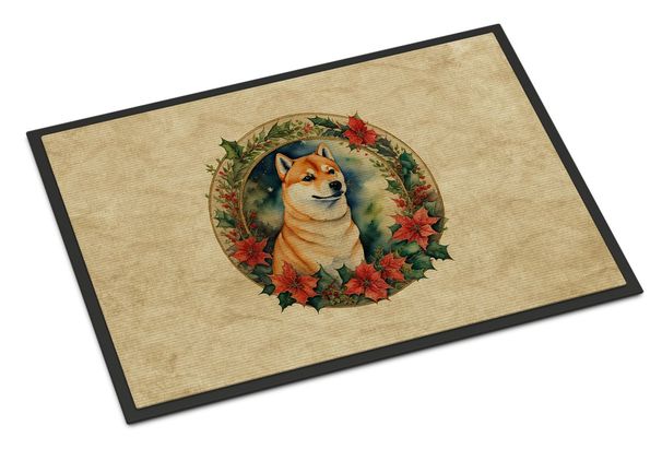 Shiba Inu Christmas Flowers Doormat Front Door Mat Indoor Outdoor Rugs For Entryway, Non Slip Washable Low Pile, 24H X 36W_maomaolike.com