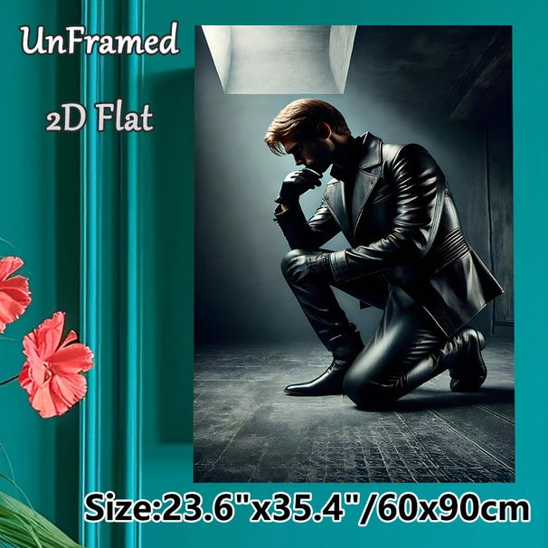 Mysterious Pensive Man Painting Poster, Dim-lit Moody Noir-style Poster, Atmospheric Artistic Decor Featuring Leather-clad Contemplative Figure, Ideal_maomaolike.com