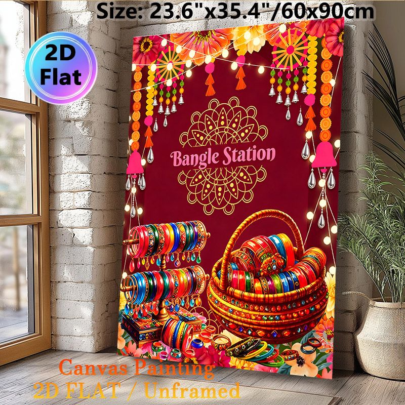 Indian Bangle Station Painting Poster, Vibrant Ethnic Style Poster, Colorful Festive Bangle Display With Decorative Garlands, Brings Cultural Festive_maomaolike.com