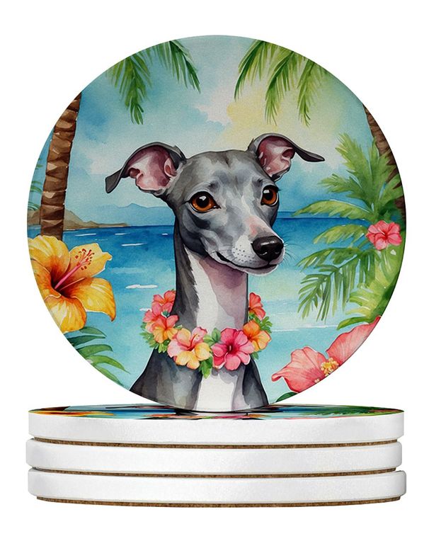 Italian Greyhound Luau Large Sandstone Coasters Pack Of 4 Absorbent Round Coasters Decor Gifts For Men Or Women, 4 In, Multicolor_maomaolike.com