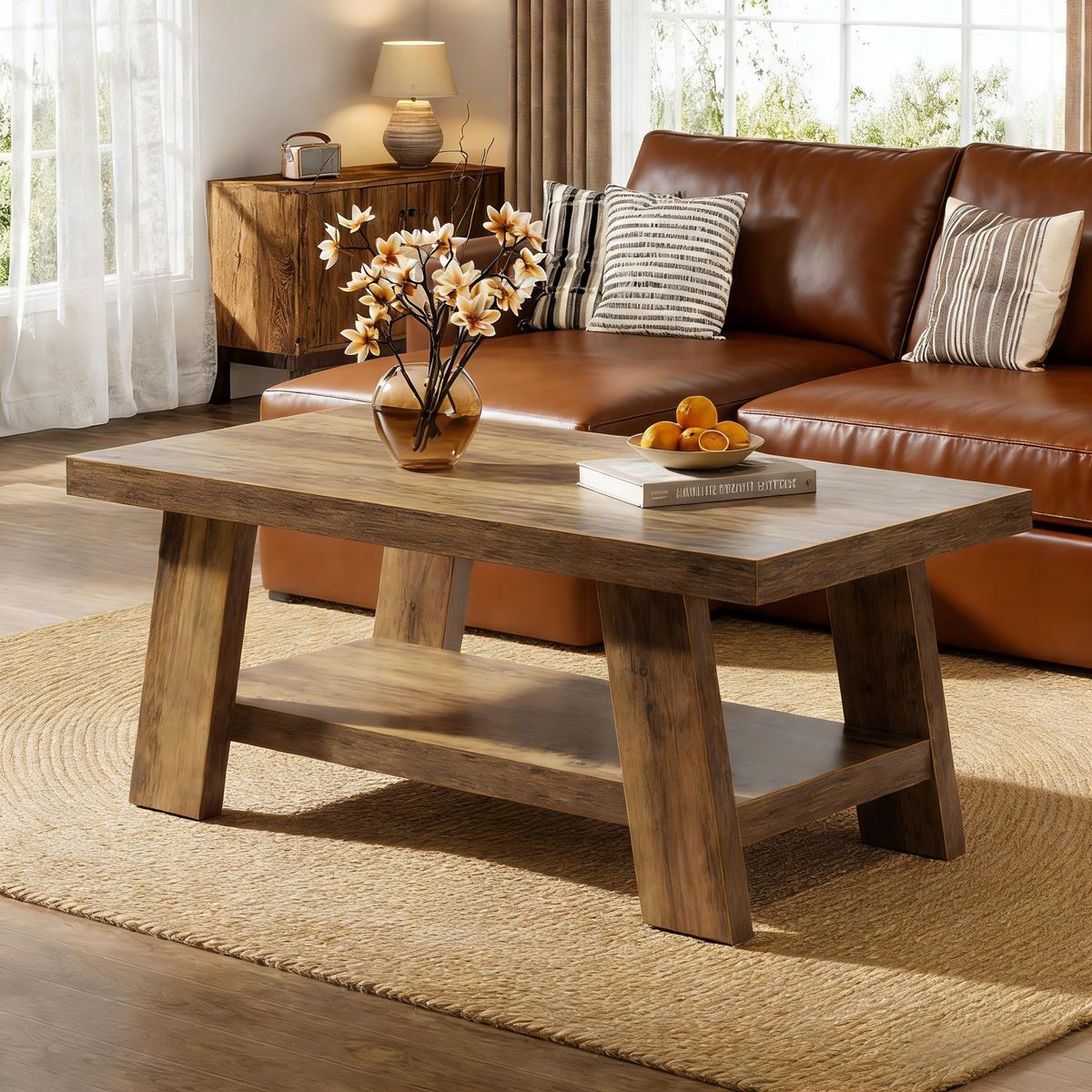 Coffee Table, Farmhouse 2-tier Center Table With Storage_maomaolike.com