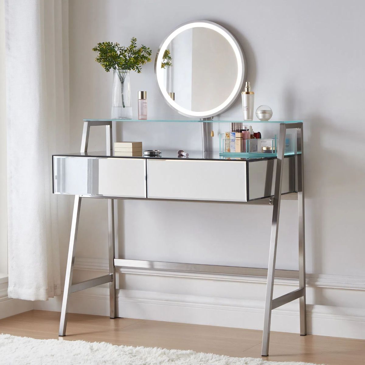 33.9" Mirrored Makeup Vanity Desk With Mirror And Lights, Mirrored Console Vanity Table With 2 Big Drawers & Open Shelf, Dressing Table With Charging Station For Bedroom, Silver_maomaolike.com