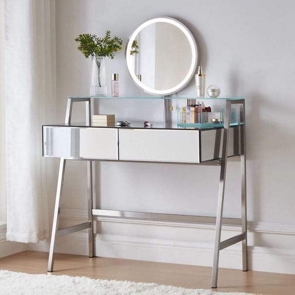 33.9" Mirrored Makeup Vanity Desk With Mirror And Lights, Mirrored Console Vanity Table With 2 Big Drawers & Open Shelf, Dressing Table With Charging Station For Bedroom, Silver_maomaolike.com