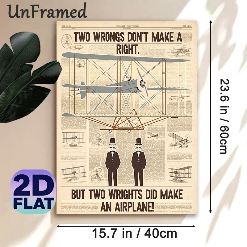 Vintage Airplane & Wright Brothers Pun Painting Poster, Retro Newspaper-style Graphic Poster, Witty Proverb-themed Decor With Biplane Art, Suitable_maomaolike.com