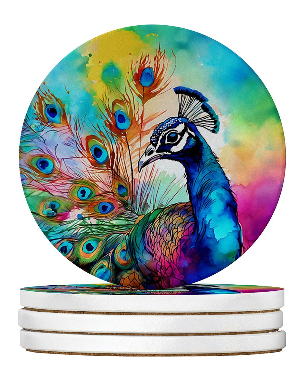 Hippie Animal Peacock Large Sandstone Coasters Pack Of 4 Absorbent Round Coasters Decor Gifts For Men Or Women, 4 In, Multicolor_maomaolike.com