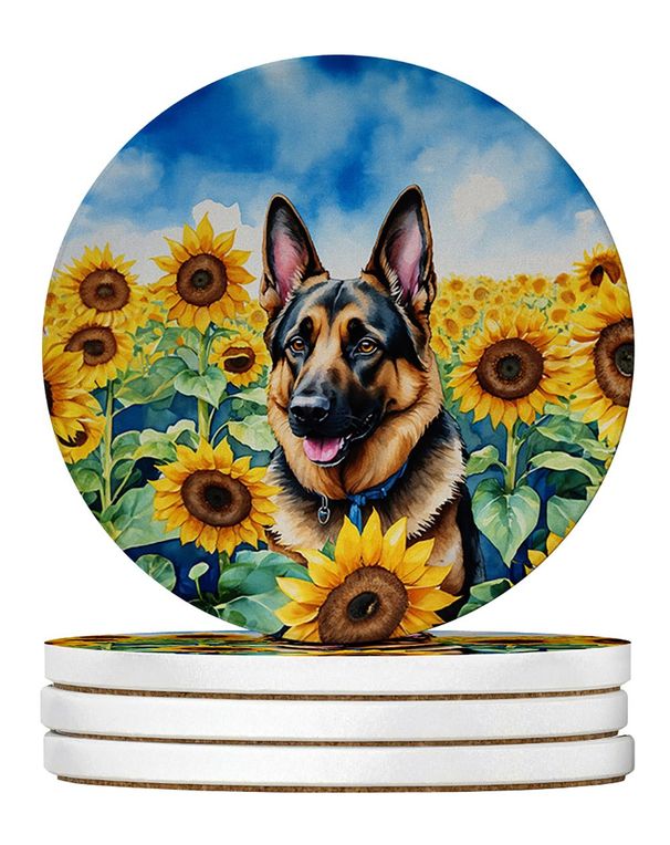 German Shepherd In Sunflowers Large Sandstone Coasters Pack Of 4 Absorbent Round Coasters Decor Gifts For Men Or Women, 4 In, Multicolor_maomaolike.com