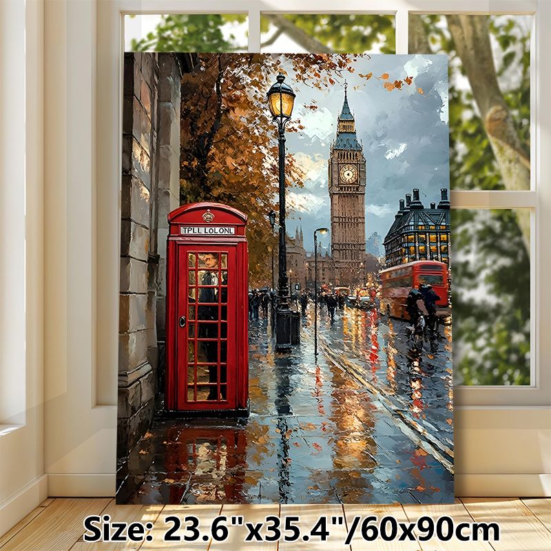 London Street Scene Painting Poster, Vibrant Oil-style Rainy Autumn Cityscape Poster, Captivating Urban View With Iconic Red Phone Booth & Big Ben_maomaolike.com