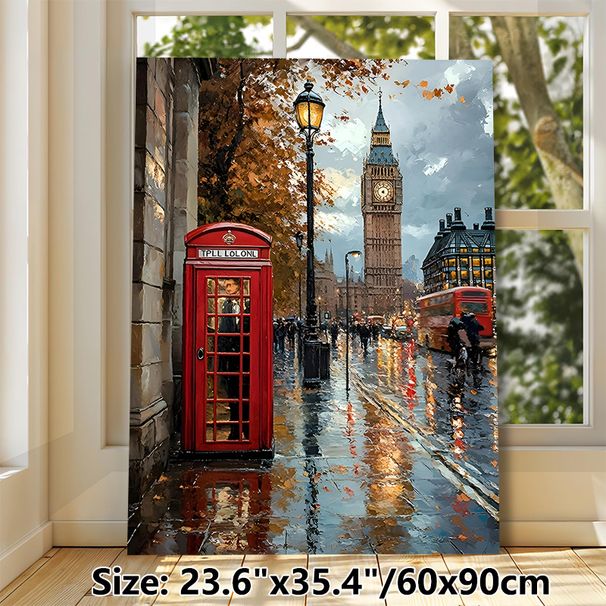 London Street Scene Painting Poster, Vibrant Oil-style Rainy Autumn Cityscape Poster, Captivating Urban View With Iconic Red Phone Booth & Big Ben_maomaolike.com