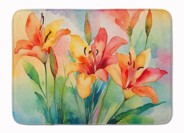 Lilies In Watercolor Memory Foam Kitchen Mat Machine Washable Anti-Fatigue Mat Cushion Comfort Bath Mat Or Kitchen Rug_maomaolike.com